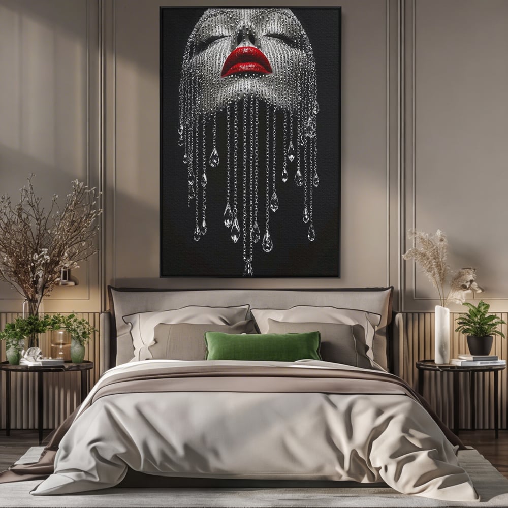 Tablou canvas cu tablou portret femeie cu cristale si buze rosii, in rama de aluminiu negru, pe perete intr-un dormitor